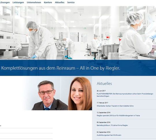 Auf der Riegler-Startseite werden aktuelle Stellenausschreibungen, Pressemitteilungen sowie Messen und Events geteasert. Die vertikale Hauptmenüführung schafft eine klare Struktur, sodass User nicht suchen, sondern finden. Auf der Riegler-Startseite werden aktuelle Stellenausschreibungen, Pressemitteilungen sowie Messen und Events geteasert. Die vertikale Hauptmenüführung schafft eine klare Struktur, sodass User nicht suchen, sondern finden.