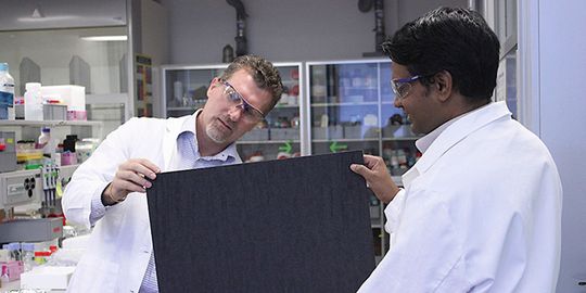 Sreenath Bolisetty und ETH-Professor Raffaele Mezzenga (l.) begutachten eine Probe ihrer Filtermembran. Sreenath Bolisetty und ETH-Professor Raffaele Mezzenga (l.) begutachten eine Probe ihrer Filtermembran.