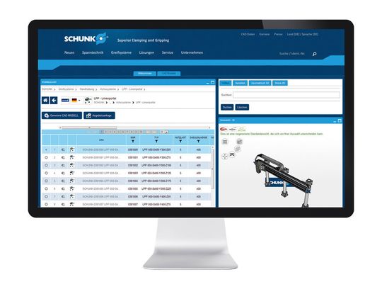 Im Schunk Online-Konfigurator Montageautomation können Konstrukteure verschiedenste Pick & Place-Aufbauvarianten realisieren und komplett als Baugruppe in ihr CAD-Programm laden. Im Schunk Online-Konfigurator Montageautomation können Konstrukteure verschiedenste Pick & Place-Aufbauvarianten realisieren und komplett als Baugruppe in ihr CAD-Programm laden.