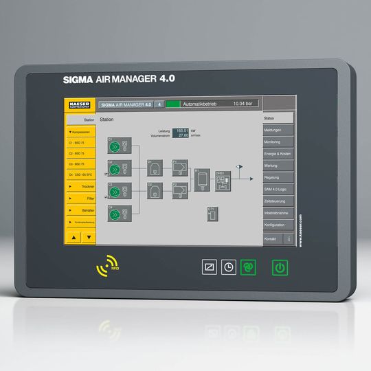 The Sigma Air Manager 4.0 not only monitors and controls all components of a blower station with maximum efficiency, it also lays the foundation for Industrie 4.0 technology and services. The Sigma Air Manager 4.0 not only monitors and controls all components of a blower station with maximum efficiency, it also lays the foundation for Industrie 4.0 technology and services.