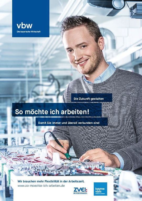 Kampagnenposter der VBW zum Thema Arbeit 4.0 und flexiblen Arbeitszeiten. Kampagnenposter der VBW zum Thema Arbeit 4.0 und flexiblen Arbeitszeiten.