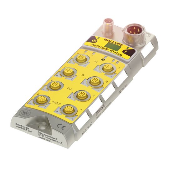 Safety over IO-Link: An das von Balluff entwickelte sichere E/A-Modul, dem gelben Safety-Hub, lassen sich per M12-Standardkabel sowohl Balluff-Sicherheitskomponenten als auch Safety-Devices anderer Hersteller anschließen. Safety over IO-Link: An das von Balluff entwickelte sichere E/A-Modul, dem gelben Safety-Hub, lassen sich per M12-Standardkabel sowohl Balluff-Sicherheitskomponenten als auch Safety-Devices anderer Hersteller anschließen.