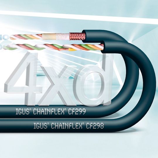 Die neuen Chainflex-Datenleitungen CF298 (vorne) und CF299 mit TPE-Außenmantel für engste Biegeradien bis 4xd. Die neuen Chainflex-Datenleitungen CF298 (vorne) und CF299 mit TPE-Außenmantel für engste Biegeradien bis 4xd.