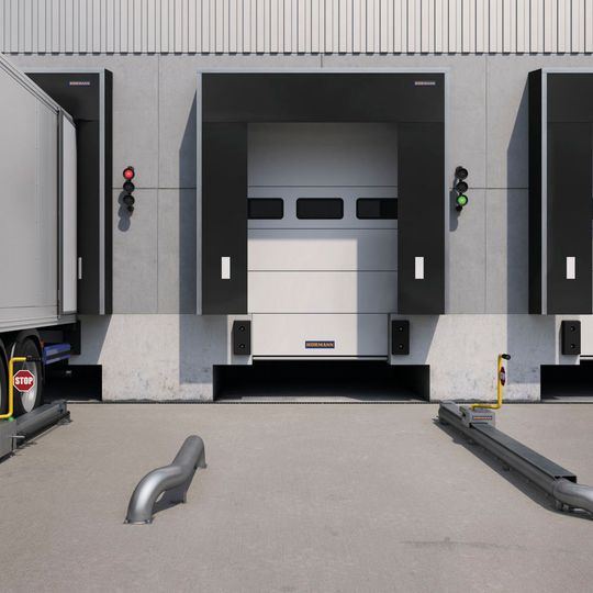 Das Radblockiersystem MWB von Hörmann verhindert ein Wegrollen des LKW und sorgt dafür, dass dieser während der Be- und Entladung an der Verladestation angedockt bleibt.