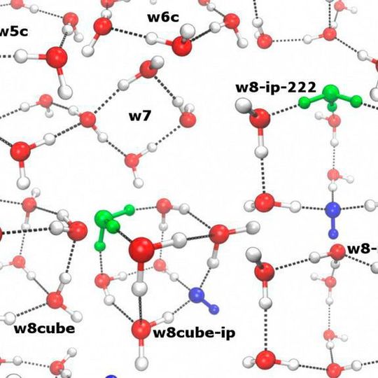 Die Wissenschaftler berechneten die Häufigkeit verschiedener Cluster von Wassermolekülen bei unterschiedlichen Temperaturen. Manche dieser Cluster sind dazu in der Lage, negativ geladene Hydroxid-Ionen (blau) und positiv geladene Hydronium-Ionen (grün) zu stabilisieren. (Ausschnitt) Die Wissenschaftler berechneten die Häufigkeit verschiedener Cluster von Wassermolekülen bei unterschiedlichen Temperaturen. Manche dieser Cluster sind dazu in der Lage, negativ geladene Hydroxid-Ionen (blau) und positiv geladene Hydronium-Ionen (grün) zu stabilisieren. (Ausschnitt)