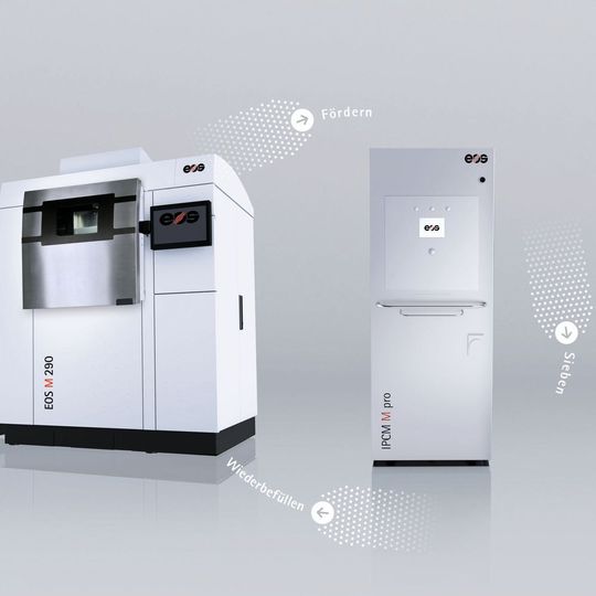 IPCM M pro von EOS vereinfacht das Sieben von Restmetallpulver bei M-290-Druckern. IPCM M pro von EOS vereinfacht das Sieben von Restmetallpulver bei M-290-Druckern.