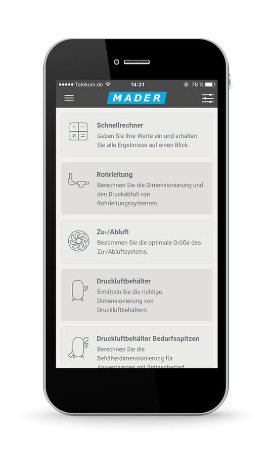 Mit der App Mader Calculat-Air können schnell und einfach Druckluftkennzahlen berechnet werden. Mit der App Mader Calculat-Air können schnell und einfach Druckluftkennzahlen berechnet werden.
