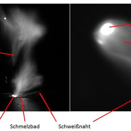 Während das rechte Bild den austretenden Laserstrahl darstellt, ist auf der linken Aufnahme zu sehen, wie die Metalldampfwolke bei Messsignalen zu Störeffekten führen kann. Während das rechte Bild den austretenden Laserstrahl darstellt, ist auf der linken Aufnahme zu sehen, wie die Metalldampfwolke bei Messsignalen zu Störeffekten führen kann.