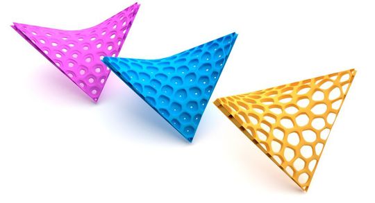 Schematische Darstellung bionischer Flächenversteifungen, die mit Konstruktionsalgorithmen für gekrümmte Oberflächen erzeugt wurden.