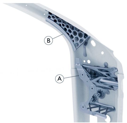 Die additiv gefertigte A-Säulen-Verstärkung teilt sich in zwei Bereichen auf: Beim oberen Bauelement B wirkt ein Konstruktionsalgorithmus für adaptive Wabenversteifungen, beim unteren Bauelement A ein Algorithmus für adaptive, sich verzweigende Hohlstrukturen.