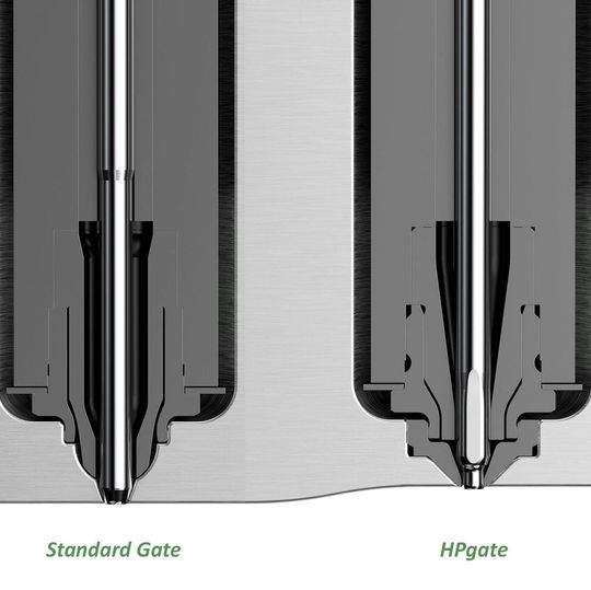 The HP-Gate allows for the metal insert to be screwed into the mould. This makes it easier to be restored in case of wear. The HP-Gate allows for the metal insert to be screwed into the mould. This makes it easier to be restored in case of wear.