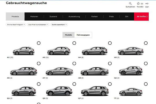 66 Fahrzeuge kann man in der derzeitigen Pilotphase auf der neuen Audi-Online-Plattform für Gebrauchte kaufen (zum Vergrößern Bild klicken). 66 Fahrzeuge kann man in der derzeitigen Pilotphase auf der neuen Audi-Online-Plattform für Gebrauchte kaufen (zum Vergrößern Bild klicken).