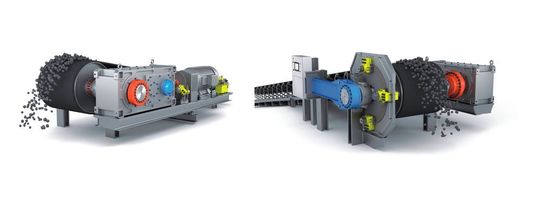 Bild 1: Links im Bild eine schnelllaufende Rücklaufsperre (blau) mit Abhebefunktion, montiert auf der ersten Getriebewelle; rechts hingegen eine langsam laufende Rücklaufsperre an der Ausgangswelle des Antriebsgetriebes.