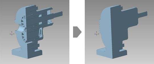 Die Software entfernt das gesamte Innenleben eines 3D-Modells, so dass nur dessen Außenhülle übrig bleibt. Diese Hüllgeometrie ist ideal für Störkonturen, Kollisionsanalysen, Digital Mock-Up (DMU) und Simulationen. (vorher-nachher) Die Software entfernt das gesamte Innenleben eines 3D-Modells, so dass nur dessen Außenhülle übrig bleibt. Diese Hüllgeometrie ist ideal für Störkonturen, Kollisionsanalysen, Digital Mock-Up (DMU) und Simulationen. (vorher-nachher)