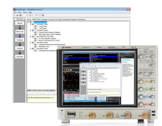 Für Test und Verifikation von Ethernet im Fahrzeug bietet Keysight verschiedene Testumgebungen. Das Bild zeigt den Transmitter-Compliance-Test für Ethernet im Auto. Für Test und Verifikation von Ethernet im Fahrzeug bietet Keysight verschiedene Testumgebungen. Das Bild zeigt den Transmitter-Compliance-Test für Ethernet im Auto.