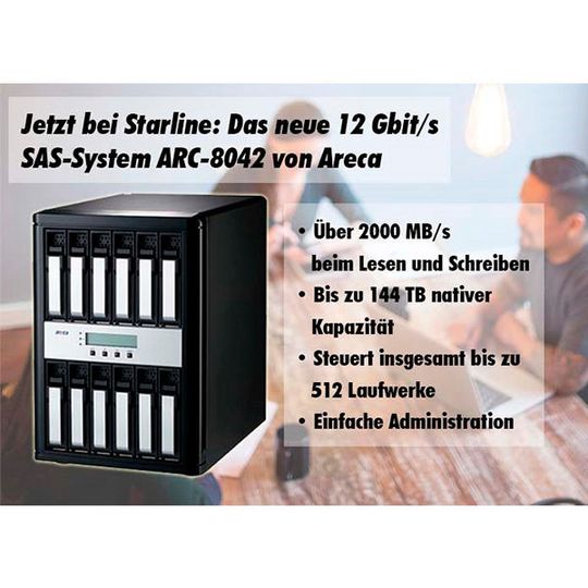 Das 12 Gbit/s SAS-System ARC-8042 bietet Übertragungsraten von bis zu 2000 MB/s. Das 12 Gbit/s SAS-System ARC-8042 bietet Übertragungsraten von bis zu 2000 MB/s.