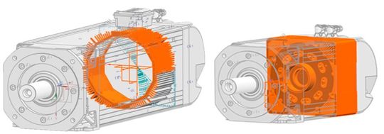 Bild 1: Hochintegrierte Antriebe und die Kühlkörper ihrer Leistungselektronik (orange eingefärbt). Bild 1: Hochintegrierte Antriebe und die Kühlkörper ihrer Leistungselektronik (orange eingefärbt).