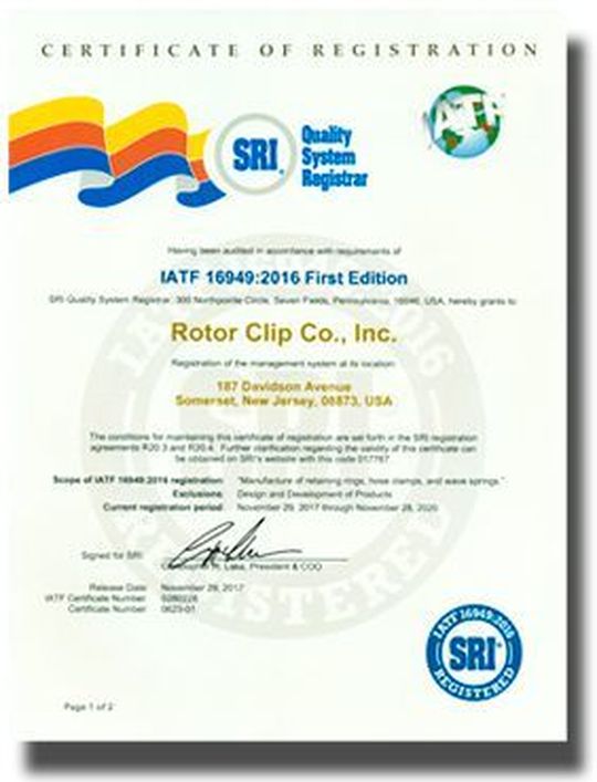 Rotor Clip ist nun offiziell nach IATF 16949: 2016 zertifiziert. Rotor Clip ist nun offiziell nach IATF 16949: 2016 zertifiziert.