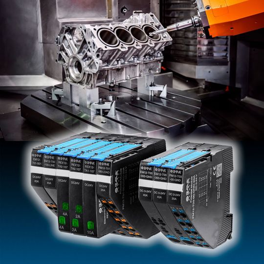 Die All-in-one Lösung rund um den elektronischen Sicherungsautomat REX12-T soll eine kostengünstige Absicherung im 24-V-Gleichspannungsnetz und Verteilung ohne Verbindungszubehör und mit minimalem Verkabelungsaufwand ermöglichen. Die All-in-one Lösung rund um den elektronischen Sicherungsautomat REX12-T soll eine kostengünstige Absicherung im 24-V-Gleichspannungsnetz und Verteilung ohne Verbindungszubehör und mit minimalem Verkabelungsaufwand ermöglichen.