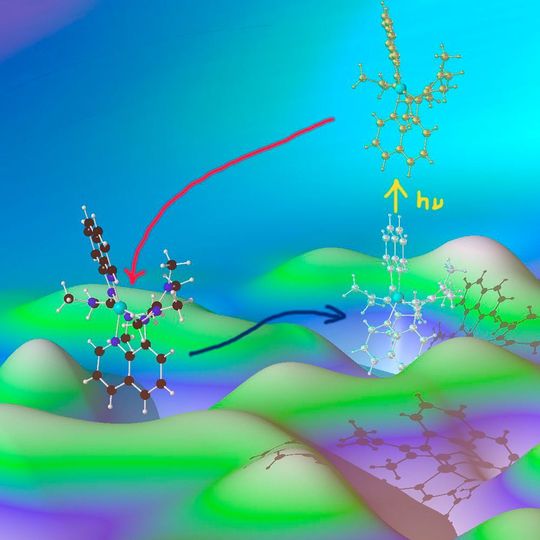 Modelkomplexe für den entatischen Zustand optimieren die Energie der Start- und Endgeometrien, um schnelle Reaktionen zu ermöglichen (illustriert durch die Hügellandschaft). Modelkomplexe für den entatischen Zustand optimieren die Energie der Start- und Endgeometrien, um schnelle Reaktionen zu ermöglichen (illustriert durch die Hügellandschaft).