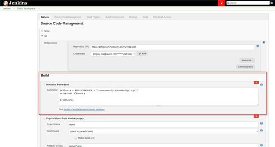 Aufruf einer Codeanalysefunktion vom Toad DevOps Toolkit in Jenkins über ein PowerShell-Skript.
