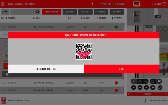 Mit Eplan Smart Wiring 2.7 scannt der Anwender einen bereitgestellten QR-Code mit Informationen zum Projekt und Speicherort auf dem Server und das zum Auftrag gehörende Projekt wird direkt geöffnet. Mit Eplan Smart Wiring 2.7 scannt der Anwender einen bereitgestellten QR-Code mit Informationen zum Projekt und Speicherort auf dem Server und das zum Auftrag gehörende Projekt wird direkt geöffnet.