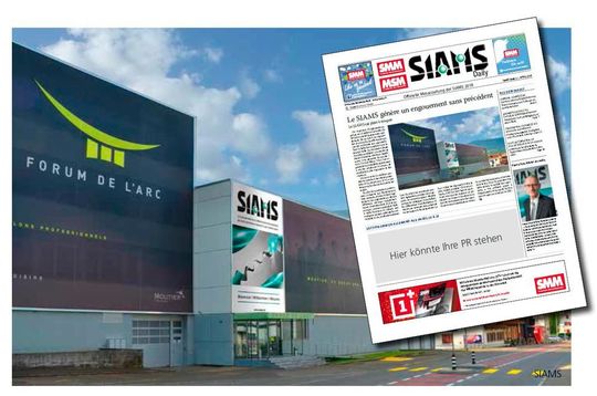Le journal du SIAMS, quotidien et complet sera exclusivement distribué sur le salon SIAMS avec une diffusion de 20’000 exemplaires bilingues en français et en allemand. Le journal du SIAMS, quotidien et complet sera exclusivement distribué sur le salon SIAMS avec une diffusion de 20’000 exemplaires bilingues en français et en allemand.
