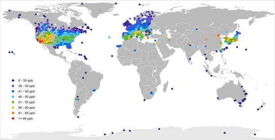 Mittlere Tageshöchstwerte der Ozonkonzentration in der warmen Jahreszeit