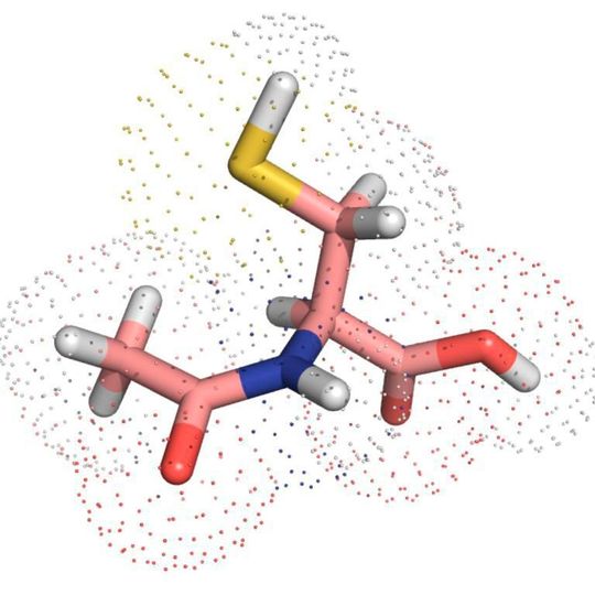 Molekülmodell von Acetylcystein – einem als Hustenlöser bekannten Wirkstoff. Molekülmodell von Acetylcystein – einem als Hustenlöser bekannten Wirkstoff.