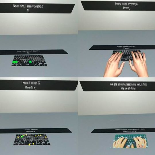 Die Darstellung der Hände wirkt sich auf die Qualität der virtuell geschriebenen Texte aus. Im Bild von links oben nach rechts unten: keine Hände, virtuelle Hände, Fingerspitzen als Punkte, eigene Hände. Die Darstellung der Hände wirkt sich auf die Qualität der virtuell geschriebenen Texte aus. Im Bild von links oben nach rechts unten: keine Hände, virtuelle Hände, Fingerspitzen als Punkte, eigene Hände.