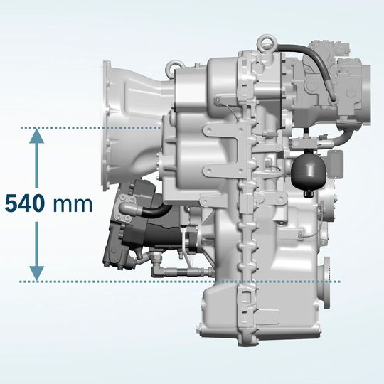 Bewährte Serienkomponenten neu angeordnet: Das Getriebe HVT R2 Short Drop von Dana Rexroth baut 100 mm niedriger als die Standardausführung. Bewährte Serienkomponenten neu angeordnet: Das Getriebe HVT R2 Short Drop von Dana Rexroth baut 100 mm niedriger als die Standardausführung.