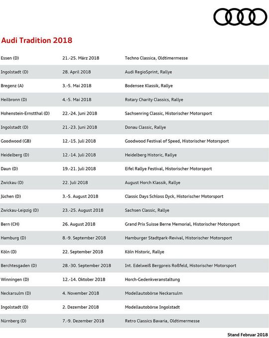 In Sachen Oldtimer ist bei Audi über das ganze Jahr hinweg etwas geboten (zum Vergrößern bitte auf das Bild klicken).