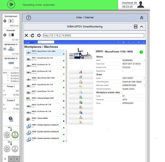 Wittmann Battenfeld GmbH und MPDV Mikrolab arbeiten seit einiger Zeit in Sachen Vertrieb der MES-Software Hydra von MPDV zusammen, heißt es. Im Rahmen der vergangenen Fakuma 2017 wurde diese Kooperation bekannt gegeben. Und so sieht das Ergebnis aus, wenn etwa das Wiba-MPDV-Smartmonitoring-Modul in die Unilog-B8-Steuerung von Wittmann Battenfeld eingebunden wird. Wittmann Battenfeld GmbH und MPDV Mikrolab arbeiten seit einiger Zeit in Sachen Vertrieb der MES-Software Hydra von MPDV zusammen, heißt es. Im Rahmen der vergangenen Fakuma 2017 wurde diese Kooperation bekannt gegeben. Und so sieht das Ergebnis aus, wenn etwa das Wiba-MPDV-Smartmonitoring-Modul in die Unilog-B8-Steuerung von Wittmann Battenfeld eingebunden wird.