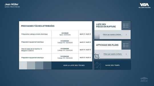 L’application Jellix pour Willemin-Macodel permet aux collaborateurs d’accéder à toutes les données liées aux processus de travail. L’application Jellix pour Willemin-Macodel permet aux collaborateurs d’accéder à toutes les données liées aux processus de travail.