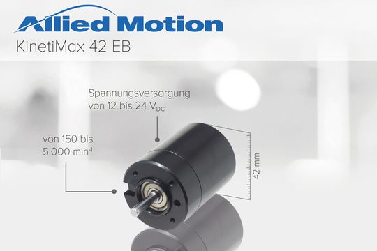Der Kinetimax 42 EB von Allied Motion ist ein hochpräziser bürstenloser Gleichstrommotor als Außenläufer mit integrierter Elektronik. Der Kinetimax 42 EB von Allied Motion ist ein hochpräziser bürstenloser Gleichstrommotor als Außenläufer mit integrierter Elektronik.