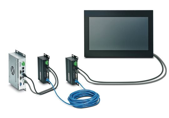 Bild 1: In der Anwendung weitläufiger
Bedienlösungen funktioniert der
KVM-Extender unabhängig vom
eingesetzen Rechnerbetriebssystem. Bild 1: In der Anwendung weitläufiger
Bedienlösungen funktioniert der
KVM-Extender unabhängig vom
eingesetzen Rechnerbetriebssystem.
