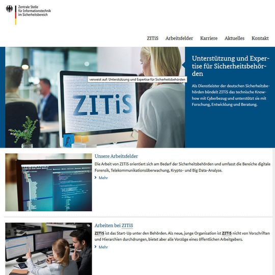 ZITiS dient als Forschungs- und Entwicklungsinstanz für technische Lösungen mit Cyberbezug im Bereich der deutschen Sicherheitsbehörden.. ZITiS dient als Forschungs- und Entwicklungsinstanz für technische Lösungen mit Cyberbezug im Bereich der deutschen Sicherheitsbehörden..