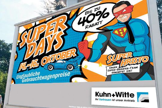 Kuhn & Witte hatte die Plakatwände in einem Umkreis von 15 Kilometer rund ums Autohaus gebucht, um für seine Veranstaltung zu werben. Kuhn & Witte hatte die Plakatwände in einem Umkreis von 15 Kilometer rund ums Autohaus gebucht, um für seine Veranstaltung zu werben.