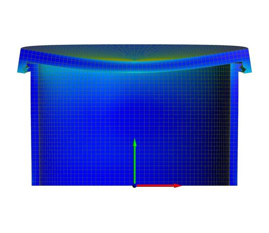 Als zweites Beispiel wird ein Kreuzrollenlager unter Axial-, Radial- und Kippmomentenbelastung betrachtet. Die Belastung wird an der Fläche oben eingeleitet und der untere Zylinder ist unten fest eingespannt.