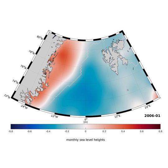 Das Meer östlich von Grönland ist das ganze Jahr von Eis bedeckt (die weiße Linie zeigt die Grenze des Meereises). Das Wasser darunter unterliegt einer jahreszeitlichen Dynamik und wird beeinflusst durch die Strömungen im atlantischen Ozean. Das Meer östlich von Grönland ist das ganze Jahr von Eis bedeckt (die weiße Linie zeigt die Grenze des Meereises). Das Wasser darunter unterliegt einer jahreszeitlichen Dynamik und wird beeinflusst durch die Strömungen im atlantischen Ozean.