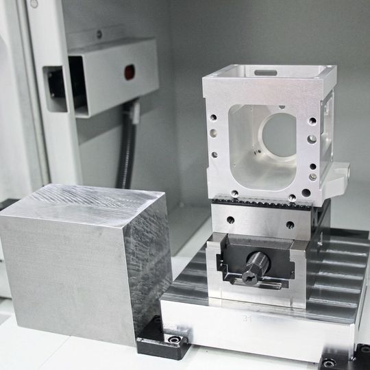 Rohmaterialblock aus Aluminium (l.) und, eingespannt auf dem Zentrischspanner C2 80 L-130, das fertig bearbeitete Werkstück. Mittels Wendebacken grip ist der Zentrischspanner in der Lage, das Rohteil zu spannen und auch die Fertigbearbeitung zu gewährleisten. Rohmaterialblock aus Aluminium (l.) und, eingespannt auf dem Zentrischspanner C2 80 L-130, das fertig bearbeitete Werkstück. Mittels Wendebacken grip ist der Zentrischspanner in der Lage, das Rohteil zu spannen und auch die Fertigbearbeitung zu gewährleisten.