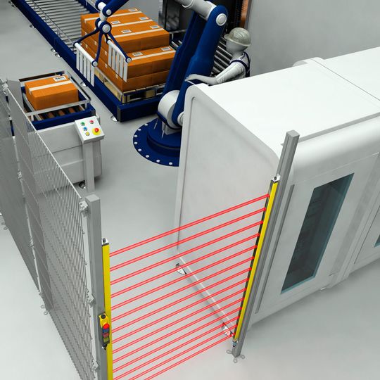 Optoelektronische Sicherheitslösungen von Schmersal gewährleisten eine wirtschaftliche Zugangsabsicherung für Roboterarbeitsplätze. Optoelektronische Sicherheitslösungen von Schmersal gewährleisten eine wirtschaftliche Zugangsabsicherung für Roboterarbeitsplätze.