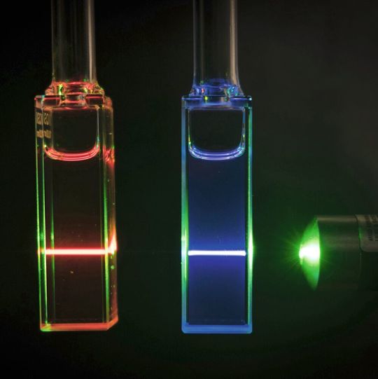 Emission von Rylene-Farbstoffen, die im Rahmen von CataLight als Lichtsammeleinheiten eingesetzt werden, um eine effiziente Photokatalyse zur Wasserspaltung zu aktivieren. Emission von Rylene-Farbstoffen, die im Rahmen von CataLight als Lichtsammeleinheiten eingesetzt werden, um eine effiziente Photokatalyse zur Wasserspaltung zu aktivieren.