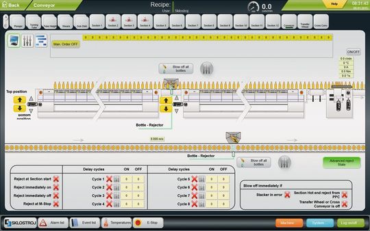 Die HMI/SCADA Software Zenon zeigt Tandem-Maschinenband und Heißend-Auswurf einer Glasform-Maschine an. Die HMI/SCADA Software Zenon zeigt Tandem-Maschinenband und Heißend-Auswurf einer Glasform-Maschine an.