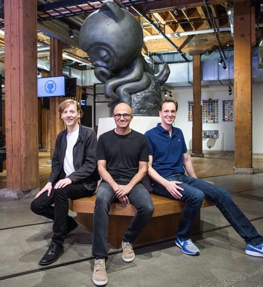 Octocat wirkt nachdenklich, darunter der bisherige GitHub-CEO Chris Wanstrath (links), sein Nachfolger Nat Friedman (rechts) und Microsoft-CEO Satya Nadella. Octocat wirkt nachdenklich, darunter der bisherige GitHub-CEO Chris Wanstrath (links), sein Nachfolger Nat Friedman (rechts) und Microsoft-CEO Satya Nadella.