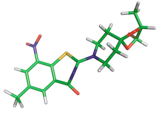 Ein Strukturmodell des Tuberkulose-Wirkstoffs BTZ043 Ein Strukturmodell des Tuberkulose-Wirkstoffs BTZ043