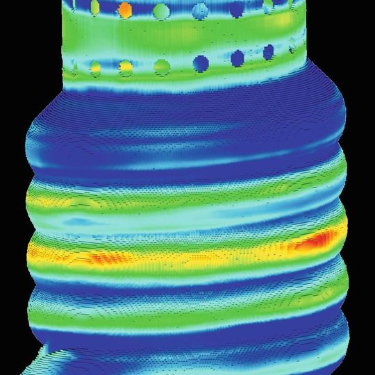 Simulationsergebnisse von Ansys Additive Print zur Darstellung der Verschiebung eines Wärmetauschers. Simulationsergebnisse von Ansys Additive Print zur Darstellung der Verschiebung eines Wärmetauschers.