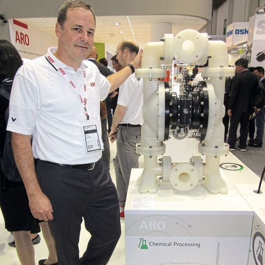 Aro's global product manager, Julien Bassett, standing next to the new EXP Series 3-in. diaphragm pump. Aro's global product manager, Julien Bassett, standing next to the new EXP Series 3-in. diaphragm pump.
