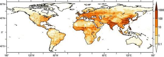 Jährlich verlieren etwa 4,5 Millionen Menschen ihr Leben durch verschmutzte Außenluft. Die Grafik zeigt die Sterberate pro 1.000 Quadratkilometer und Jahr. Jährlich verlieren etwa 4,5 Millionen Menschen ihr Leben durch verschmutzte Außenluft. Die Grafik zeigt die Sterberate pro 1.000 Quadratkilometer und Jahr.