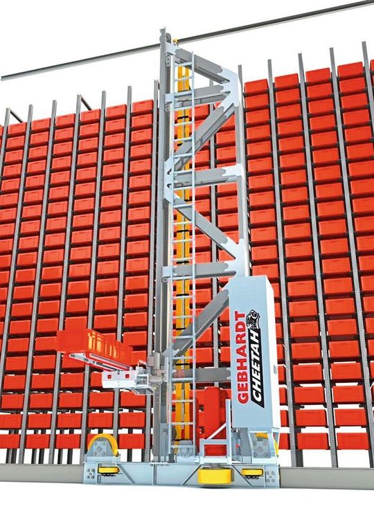 Gebhardt Fördertechnik, der Lehrstuhl für Konstruktion im Maschinen- und Apparatebau (KIMA) der TU Kaiserslautern sowie DELO Industrie Klebstoffe haben gemeinsam im Rahmen eines AIF-geförderten Projektes das Regalbediengerät „Cheetah“ entwickelt. Gebhardt Fördertechnik, der Lehrstuhl für Konstruktion im Maschinen- und Apparatebau (KIMA) der TU Kaiserslautern sowie DELO Industrie Klebstoffe haben gemeinsam im Rahmen eines AIF-geförderten Projektes das Regalbediengerät „Cheetah“ entwickelt.